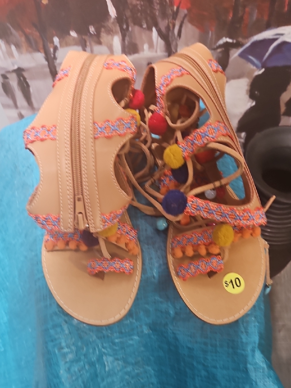 MIA Tan Gladiator Sandals with Multicolor Pom Poms